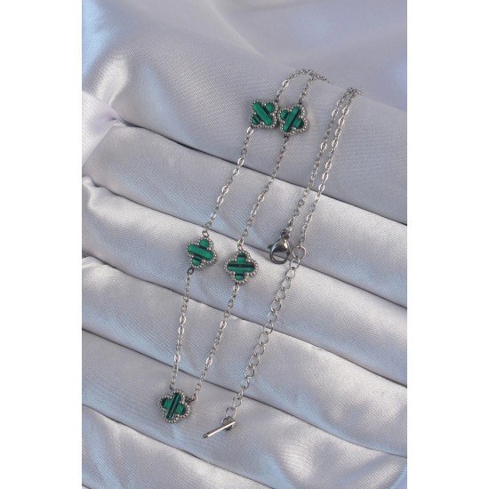 Özel Çelik Renk Minimal Yeşil Mineli Yonca Kolye Fırsat!!!