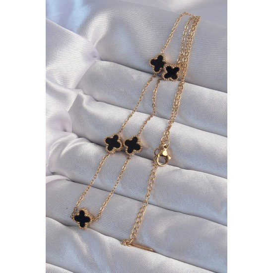 Özel Çelik Gold Renk Minimal Siyah Mineli Yonca Kolye Fırsat!!!