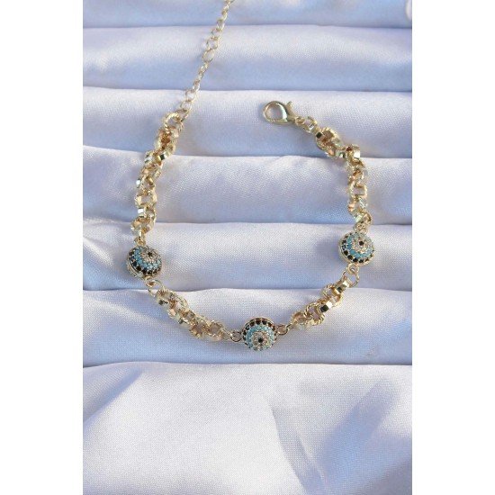 Özel Pirinç Zincir Vip Seri Altın Renk Zirkon Taşlı Nazarlı Bileklik Fırsat!!!