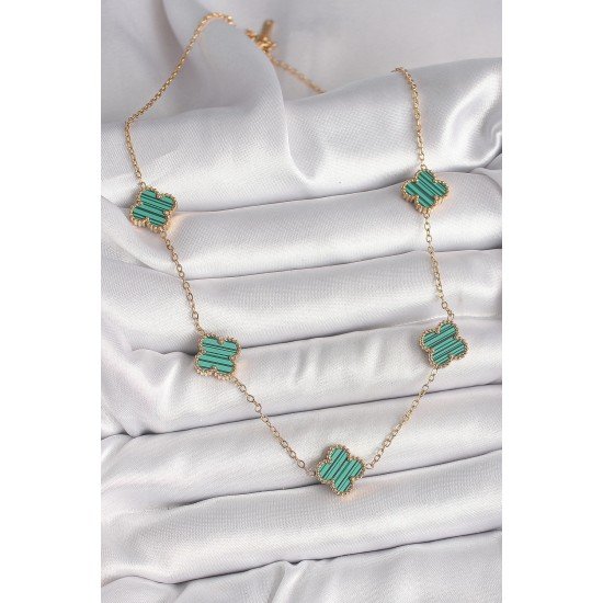 Özel Çelik Gold Renk Zincir Yeşil Yonca Model Kadın Kolye Fırsat!!!