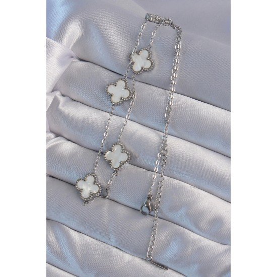 Özel Çelik Renk Beyaz Sedefli Yonca Kolye Fırsat!!!