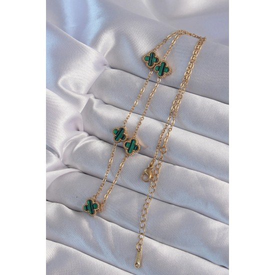 Özel Çelik Gold Renk Minimal Yeşil Mineli Yonca Kolye Fırsat!!!