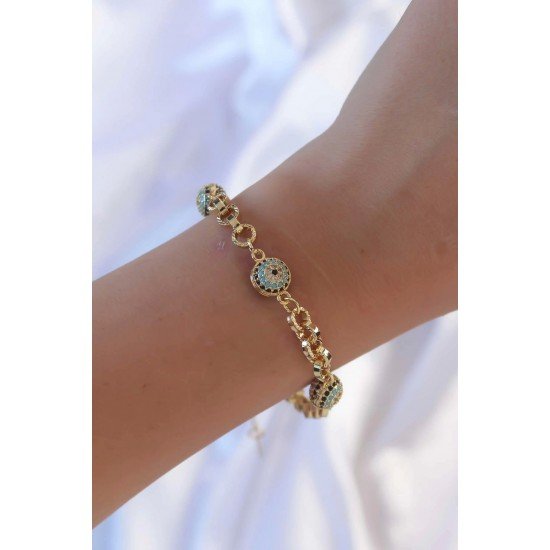 Özel Pirinç Zincir Vip Seri Altın Renk Zirkon Taşlı Nazarlı Bileklik Fırsat!!!