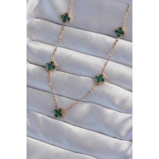 Özel Çelik Gold Renk Minimal Yeşil Mineli Yonca Kolye Fırsat!!!