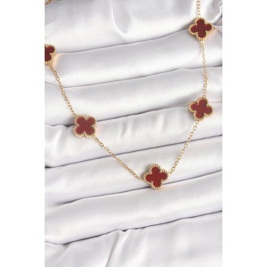 Özel Çelik Gold Renk Zincir Bordo Yonca Model Kadın Kolye Fırsat!!!