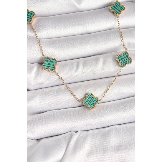 Özel Çelik Gold Renk Zincir Yeşil Yonca Model Kadın Kolye Fırsat!!!