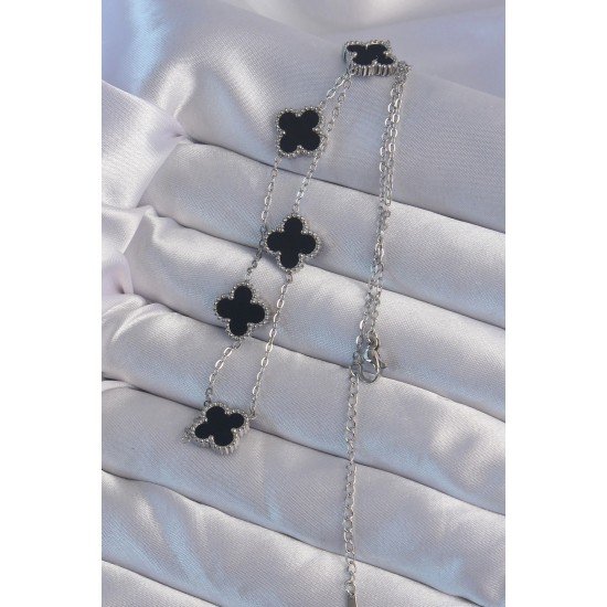 Özel Çelik Renk Siyah Mineli Yonca Kolye Fırsat!!!