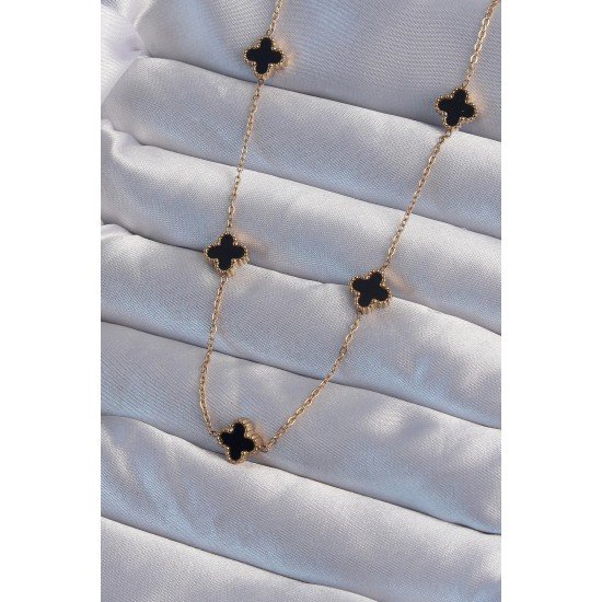 Özel Çelik Gold Renk Minimal Siyah Mineli Yonca Kolye Fırsat!!!