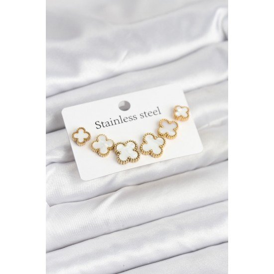 Özel Çelik Gold Beyaz Renk 3 Boy Yonca Küpe Seti Fırsat!!!