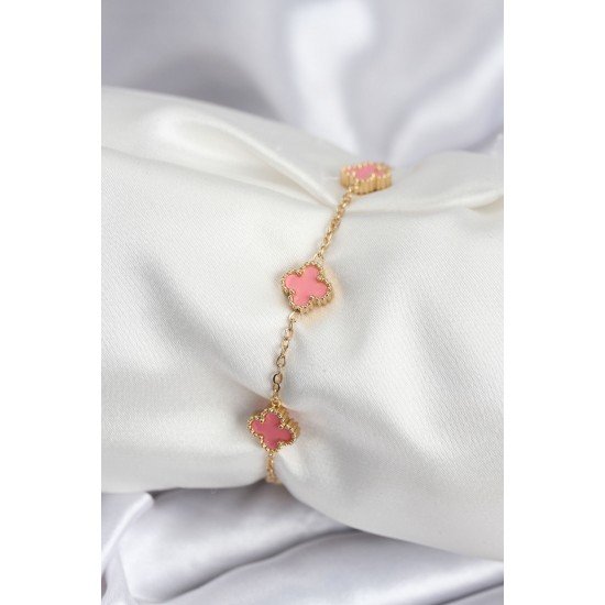 Özel Çelik Gold Renk Pembe Boy Yonca Kadın Bileklik Fırsat!!!