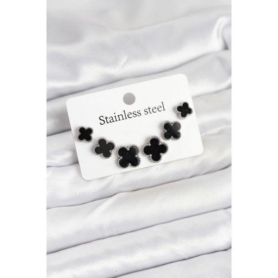 Özel Çelik Siyah Renk 3 Boy Yonca Küpe Seti Fırsat!!!