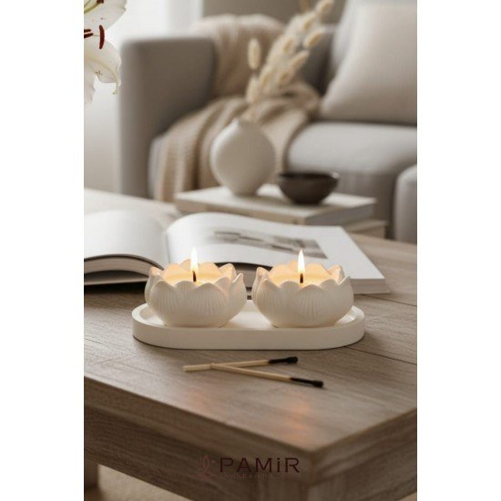 İkili Lotus Dekoratif Mum Seti | Vanilya Kokulu | Dresuar Set 3 'lü Şamdanlık