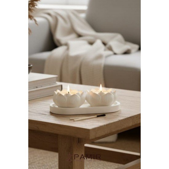 İkili Lotus Dekoratif Mum Seti | Vanilya Kokulu | Dresuar Set 3 'lü Şamdanlık