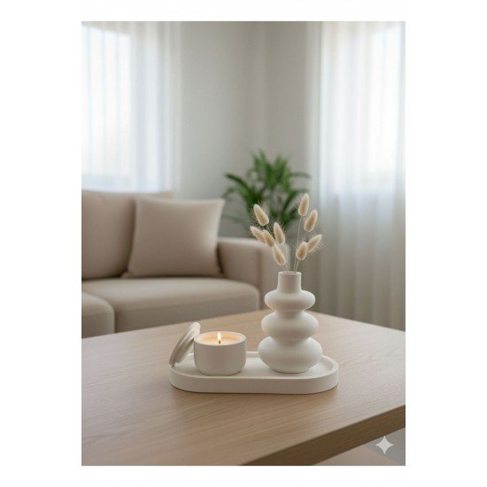 Dekoratif Minimal Vazo, Kapaklı Mumluk, Oval Tabak Seti 3 Lü (TEALİGHT MUM DAHİLDİR.)