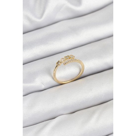 Özel Pirinç Gold Renk Kalpli Detaylı Zirkon Taşlı Kadın Yüzük Fırsat!!!