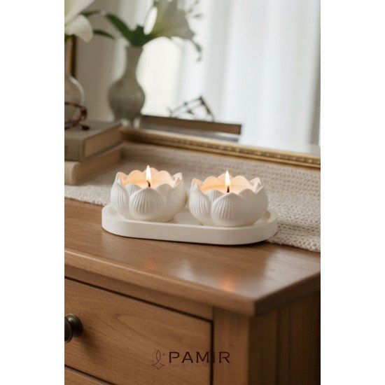 İkili Lotus Dekoratif Mum Seti | Vanilya Kokulu | Dresuar Set 3 'lü Şamdanlık