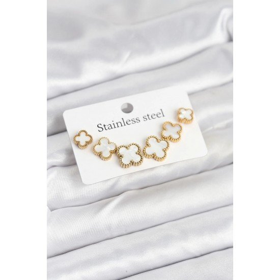 Özel Çelik Gold Beyaz Renk 3 Boy Yonca Küpe Seti Fırsat!!!