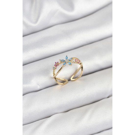 Özel Pirinç Gold Renk Zirkon Taşlı Mavi Çiçekli Kadın Yüzük Fırsat!!!