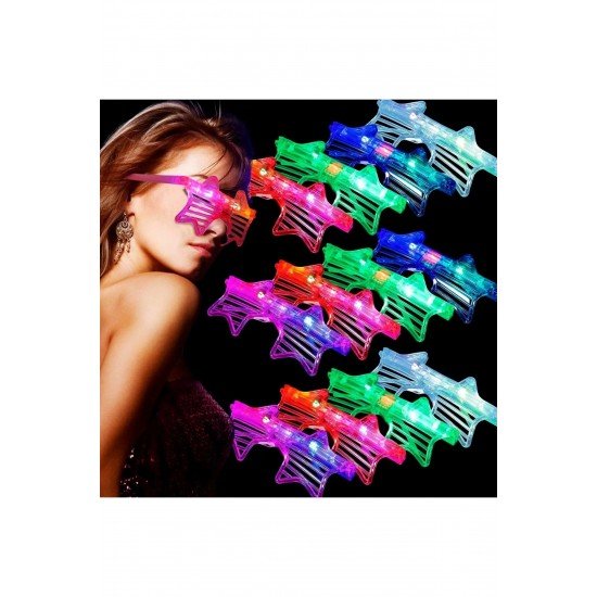 Özel Işıklı Yıldız Gözlük Ledli Parti Gözlüğü 6 Renk 12 Adet Fırsat!!!