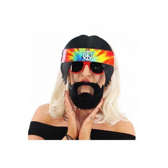 Özel Siyah Saçlı Bandana Tasarımlı Hippi Parti Gözlüğü 26X18 Cm Fırsat!!!