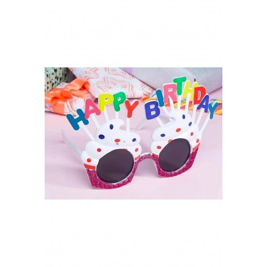 Özel Happy Birthday Yazılı Beyaz Fuşya Renk Parti Gözlüğü 12X7 Cm Fırsat!!!