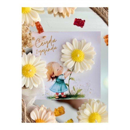 20 Adet Özel Tasarlanmış Kart Ve Papatya Mum. Doğum Günü, Baby Shower, Bebek Doğum Hediyelik