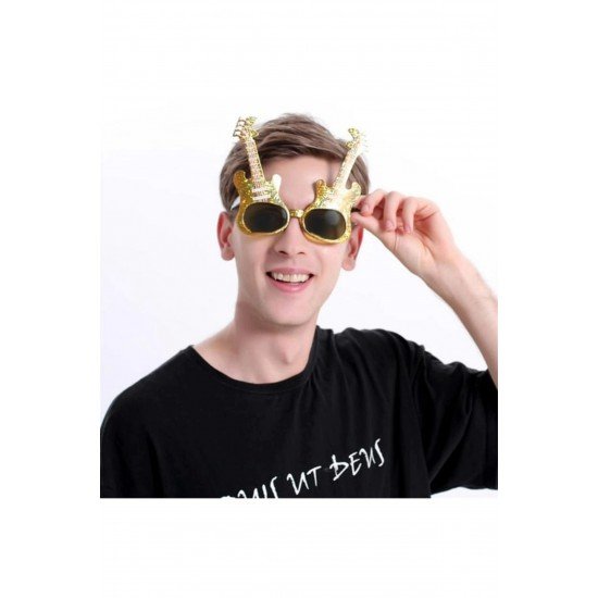 Özel Altın Renk Rockn Roll Gitar Şekilli Parti Gözlüğü 15X15 Cm Fırsat!!!