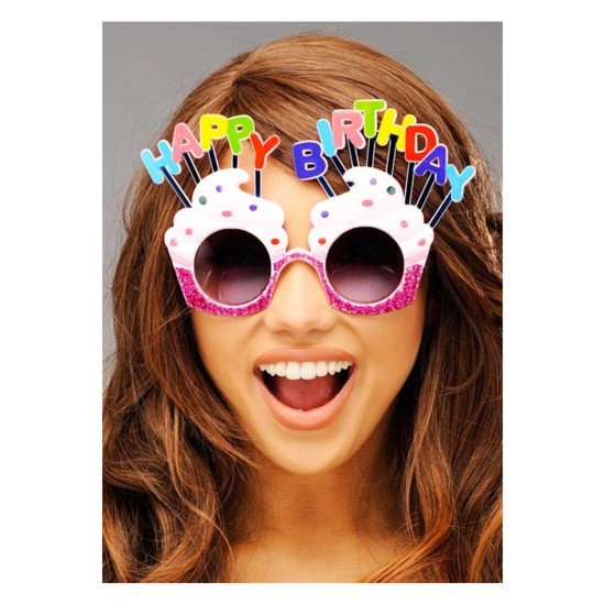 Özel Happy Birthday Yazılı Beyaz Fuşya Renk Parti Gözlüğü 12X7 Cm Fırsat!!!