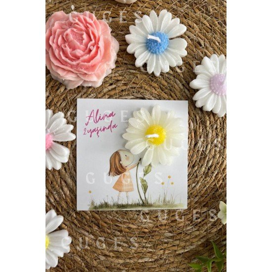 20 Adet Özel Tasarlanmış Kart Ve Papatya Mum. Bebek Doğum, Babyshower, Doğum Günü, Hediyelik