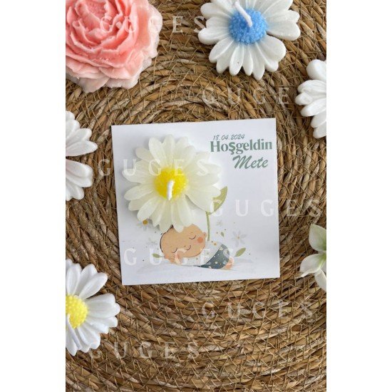 10 Adet Özel Tasarlanmış Kart Ve Papatya Mum. Bebek Doğum, Babyshower, Doğum Günü, Hediyelik