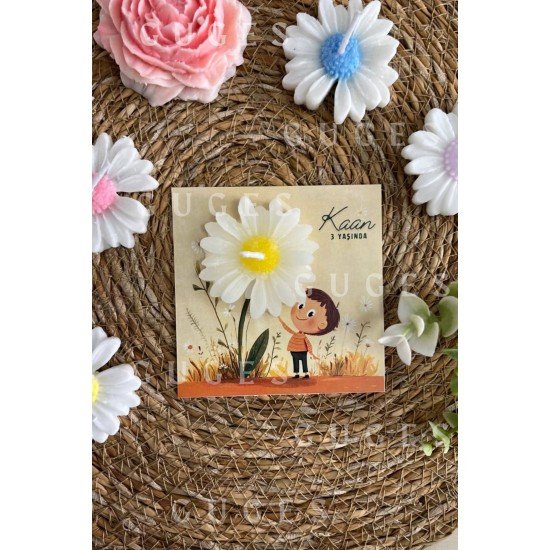 10 Adet Özel Tasarlanmış Kart Ve Papatya Mum. Bebek Doğum, Babyshower, Doğum Günü, Hediyelik