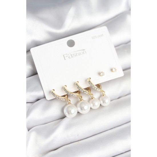 Özel Gold Renk Zirkon Taşlı Pirinç İncili 925 Ayar Çivili Küpe Seti Fırsat!!!