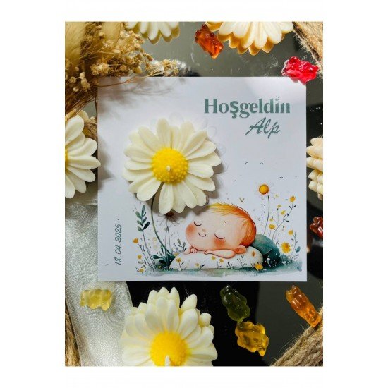 10 Adet Özel Tasarlanmış Kart Ve Papatya Mum. Bebek Doğum, Babyshower, Doğum Günü, Hediyelik