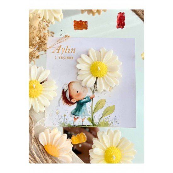 10 Adet Özel Tasarlanmış Kart Ve Papatya Mum. Bebek Doğum, Babyshower, Doğum Günü, Hediyelik