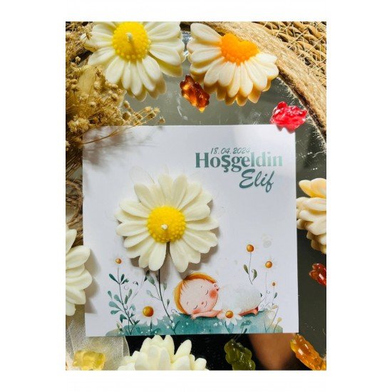 10 Adet Özel Tasarlanmış Kart Ve Papatya Mum. Bebek Doğum, Babyshower, Doğum Günü, Hediyelik
