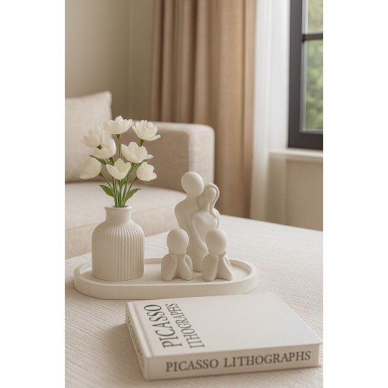 Dekoratif Çizgili Vazo I Dekoratif Tabak I 3 Lü Aile set Masa Süsü