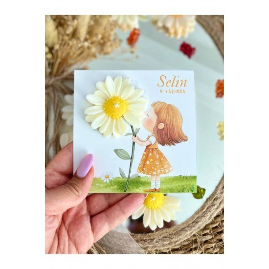 10 Adet Özel Tasarlanmış Kart Ve Papatya Mum. Bebek Doğum, Babyshower, Doğum Günü, Hediyelik