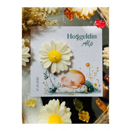 10 Adet Özel Tasarlanmış Kart Ve Papatya Mum. Bebek Doğum, Babyshower, Doğum Günü, Hediyelik
