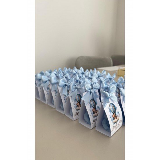 Kişiye Özel İsim Tarih Baskılı Ayıcıklı Balon Temalı Mini Kutu Doğum-Baby Shower Mum Hediyeliği