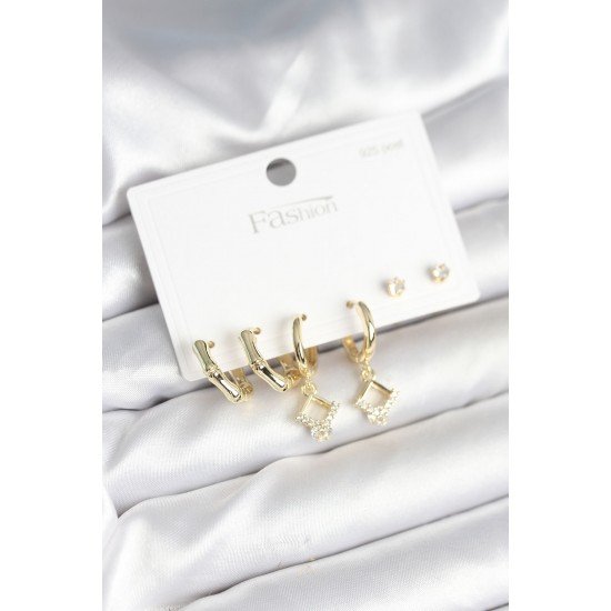 Özel Pirinç Gold Renk 925 Ayar Çivili Kadın Küpe Seti Fırsat!!!