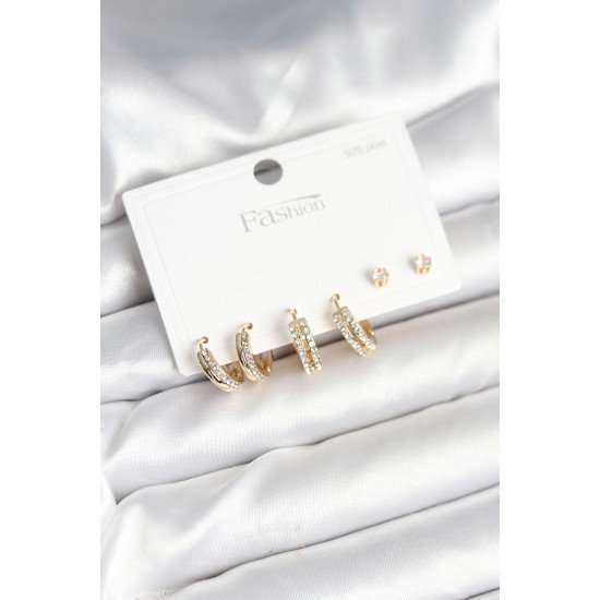 Özel Pirinç Gold Renk Zirkon Taşlı 925 Çivili Kadın Küpe Seti Fırsat!!!