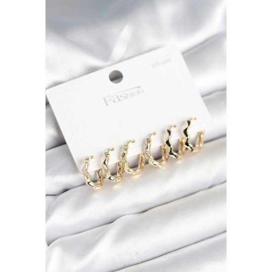 Özel Gold Renk Pirinç Zikzak Model 925 Ayar Çivili Kadın Küpe Seti Fırsat!!!