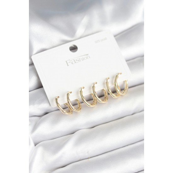 Özel Pirinç Gold Renk Kemik Halka Model 925 Ayar Çivili Kadın Küpe Seti Fırsat!!!