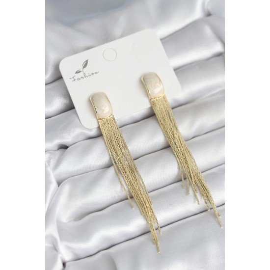 Özel Sallantılı Beyaz Mineli Gold Renk Kadın Küpe Fırsat!!!