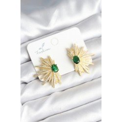 Özel Yeşil Taş Detaylı Zirkon Taşlı Gold Renk Pirinç Kadın Küpe Fırsat!!!