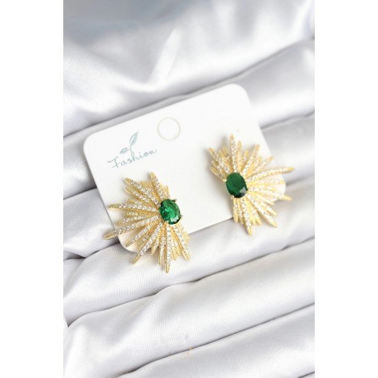 Özel Yeşil Taş Detaylı Zirkon Taşlı Gold Renk Pirinç Kadın Küpe Fırsat!!!