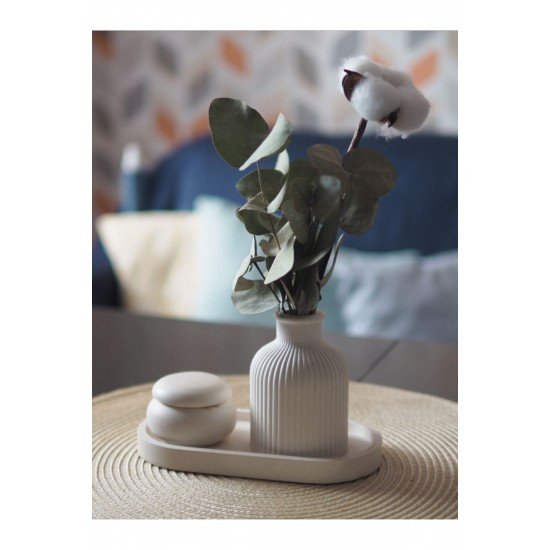 Dekoratif Tepsi İskandinav Vazo ve Kapaklı Minik Yuvarlak Kutu Beton Set