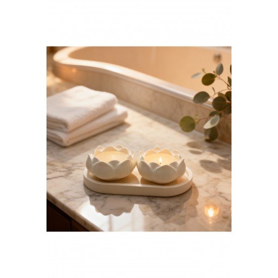 Vanilya Kokulu Dekoratif Tepsili Gül Desenli Mum Seti