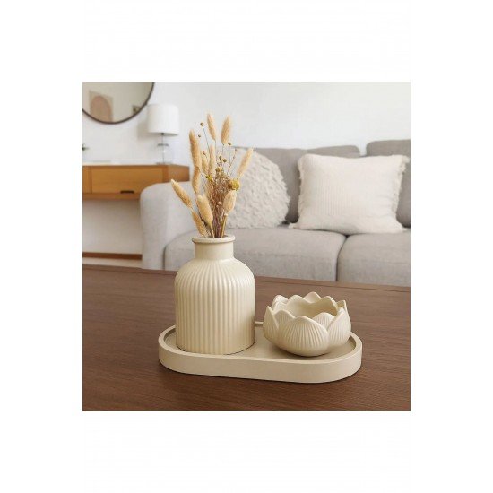 3'Lü Set Lotus Mumluk(Mum Dahildir.), Düz Çizgili Desen Vazo, Sunumluk