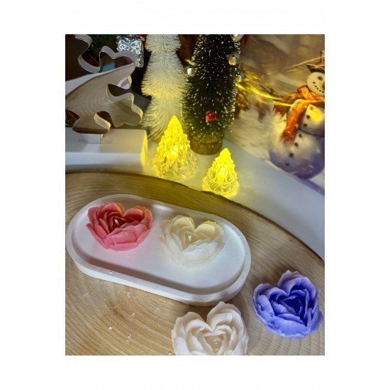 Tabaklı Gül Mum Seti – Mor&Pembe & Beyaz | El Yapımı Dekoratif Mum